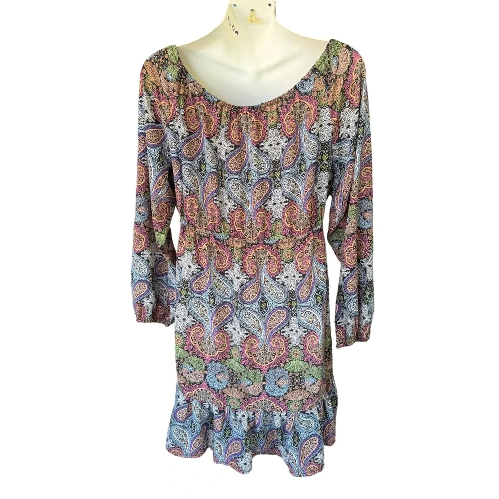 Earthbound Trading Co V Neck Lantern Sleeve Mini Dress Paisley Print Boho size S